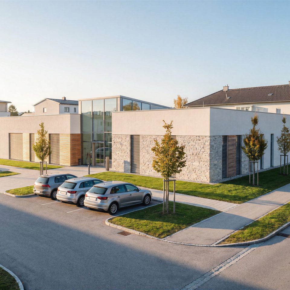 Gepflegtes Firmengelände mit Parkplatz, Grünstreifen und gekehrten Wegen