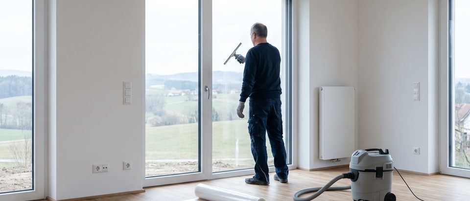 Neubauwohnung vor der Übergabe, eine Fachkraft zieht eine Glasfläche ab