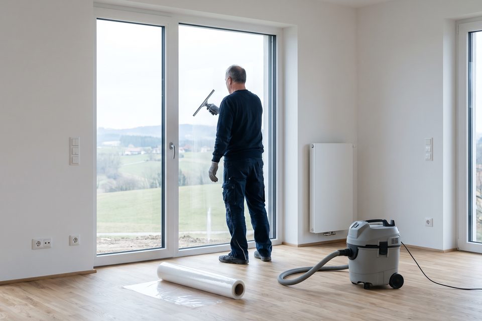 Neubauwohnung vor der Übergabe, eine Fachkraft zieht eine Glasfläche ab