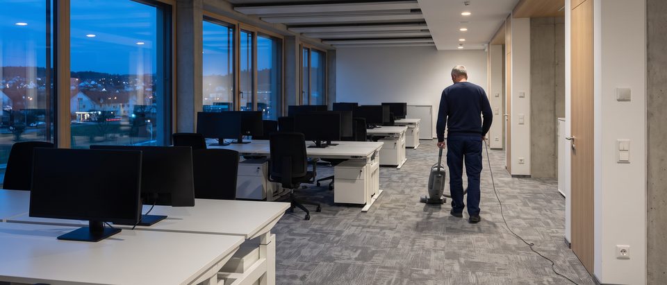 Aufgeräumtes Büro nach Dienstschluss, im Hintergrund wird der Teppich gesaugt