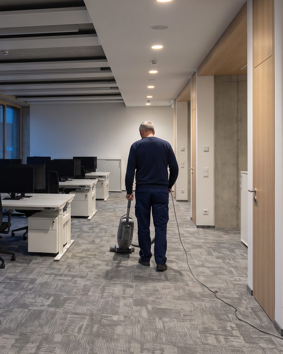 Aufgeräumtes Büro nach Dienstschluss, im Hintergrund wird der Teppich gesaugt