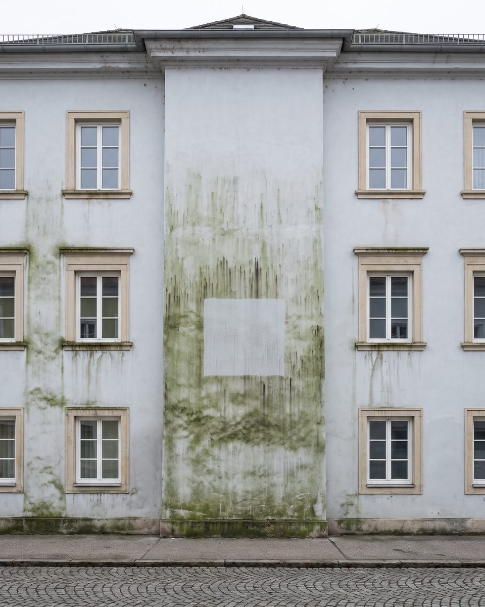 Putzfassade mit Grünbelag und einer schonend gereinigten Probefläche