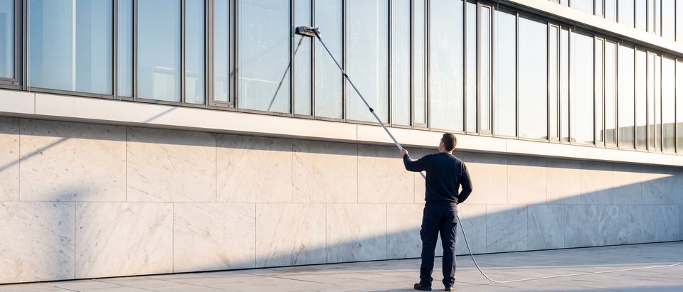 Fachkraft reinigt eine Glasfassade vom Boden aus mit Teleskopstange und Reinwasserbürste