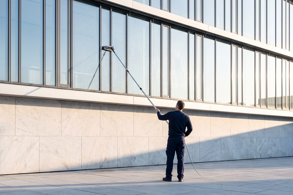 Fachkraft reinigt eine Glasfassade vom Boden aus mit Teleskopstange und Reinwasserbürste