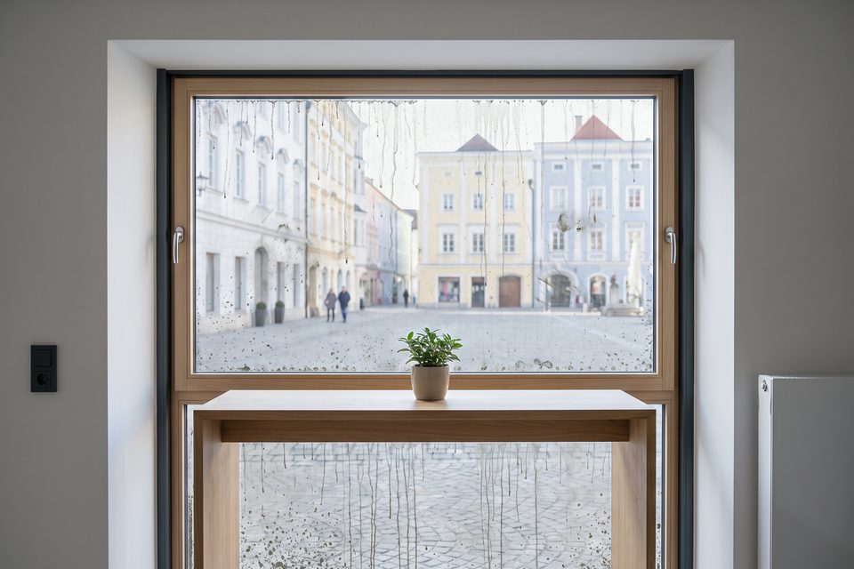 Schaufenster am Stadtplatz vorher mit Staubfilm, Regen- und Kalkflecken, nachher klar mit Blick auf die Altstadtfassaden