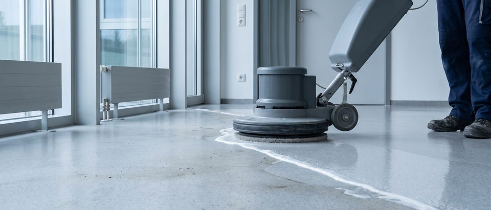 Einscheibenmaschine bei der Grundreinigung eines Linoleumbodens, sichtbare Kante zwischen gereinigt und ungereinigt