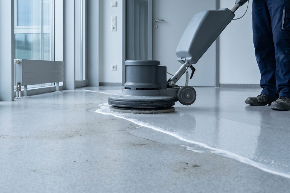 Einscheibenmaschine bei der Grundreinigung eines Linoleumbodens, sichtbare Kante zwischen gereinigt und ungereinigt