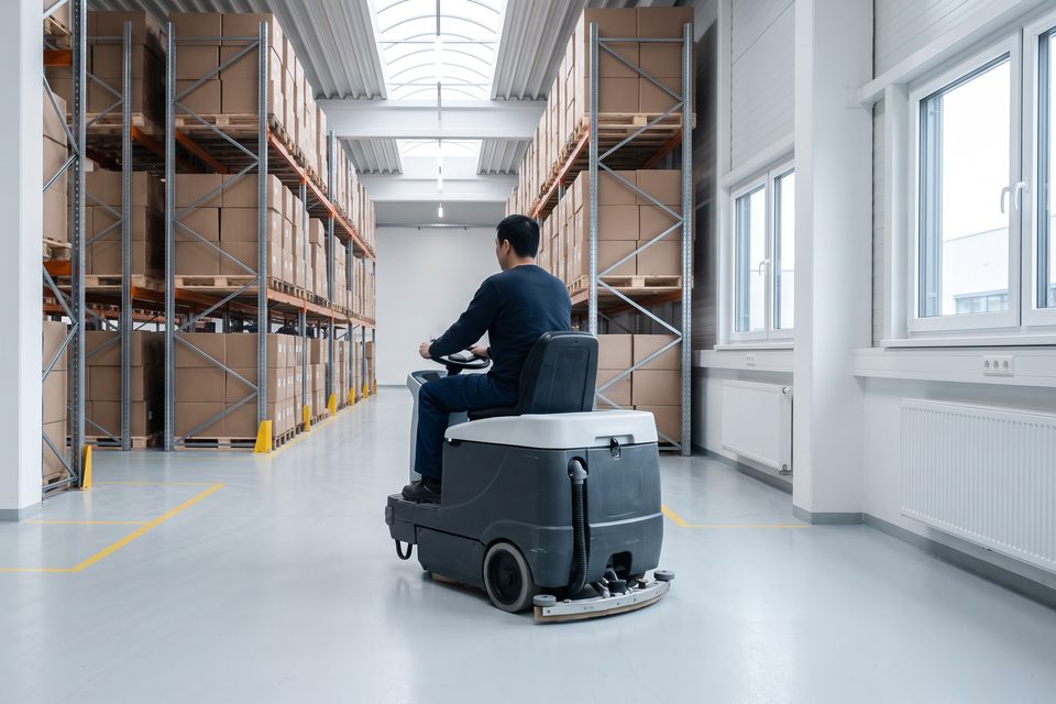 Aufsitz-Scheuersaugmaschine reinigt einen Gang in einer hellen Produktions- und Lagerhalle