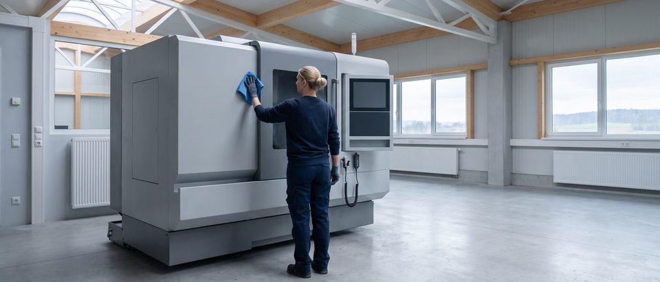 Fachkraft reinigt die Verkleidung einer stillstehenden CNC-Maschine