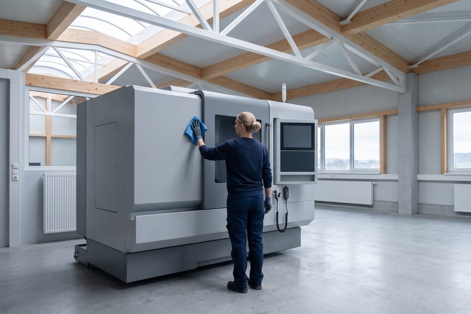 Fachkraft reinigt die Verkleidung einer stillstehenden CNC-Maschine