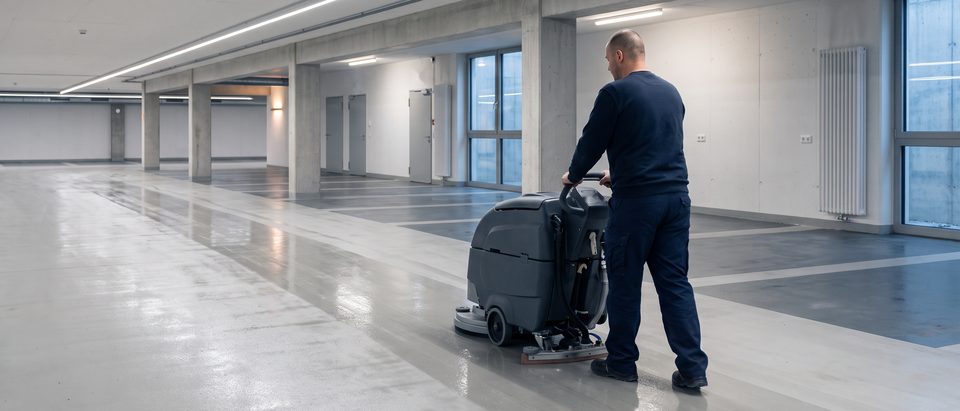 Scheuersaugmaschine reinigt die Fahrgasse einer Tiefgarage