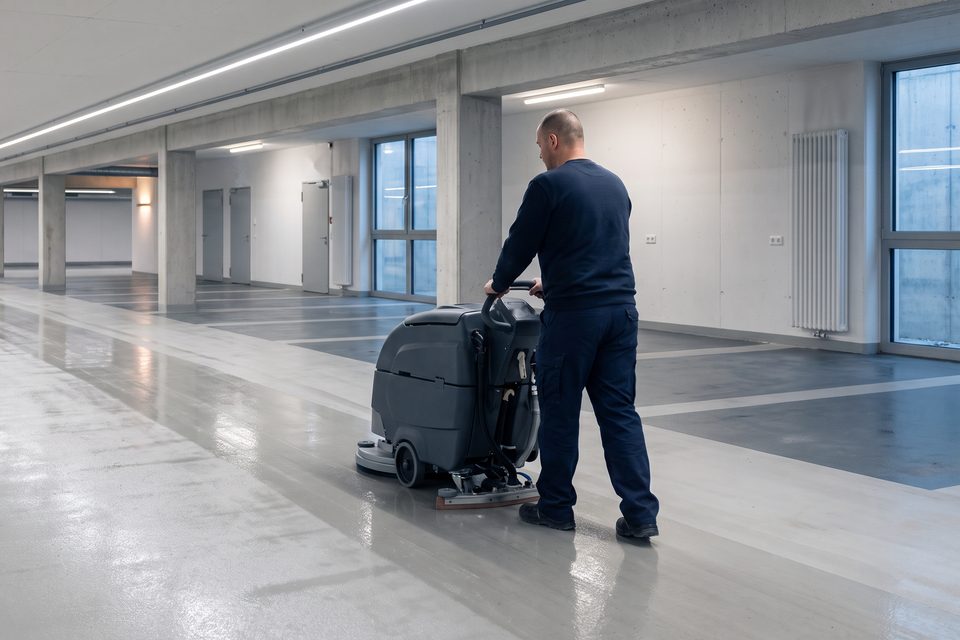 Scheuersaugmaschine reinigt die Fahrgasse einer Tiefgarage