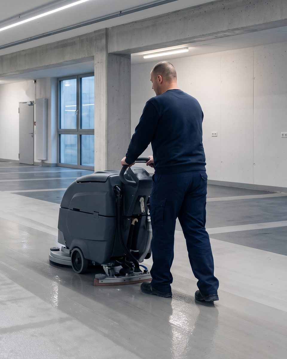 Scheuersaugmaschine reinigt die Fahrgasse einer Tiefgarage