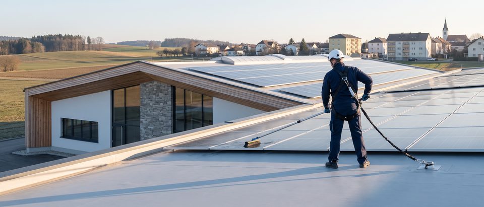 Fachkraft mit Absturzsicherung reinigt eine Photovoltaikanlage auf einem Hallendach mit weicher Bürste