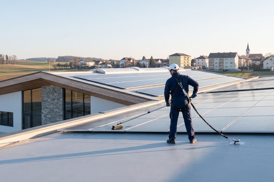 Fachkraft mit Absturzsicherung reinigt eine Photovoltaikanlage auf einem Hallendach mit weicher Bürste