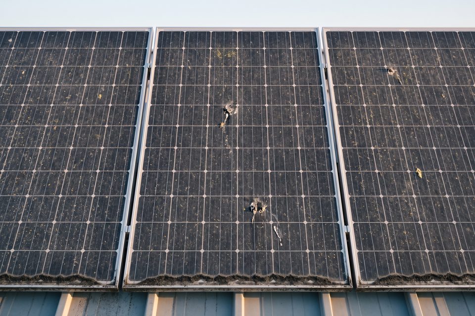 Dieselbe PV-Modulreihe vorher mit Staubfilm, Pollen und Vogelkot, nachher mit klarem Glas