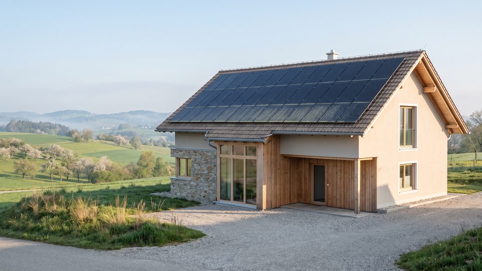 Photovoltaikanlage auf einem Einfamilienhaus in hügeliger Landschaft, leichter Staubfilm auf den unteren Modulen