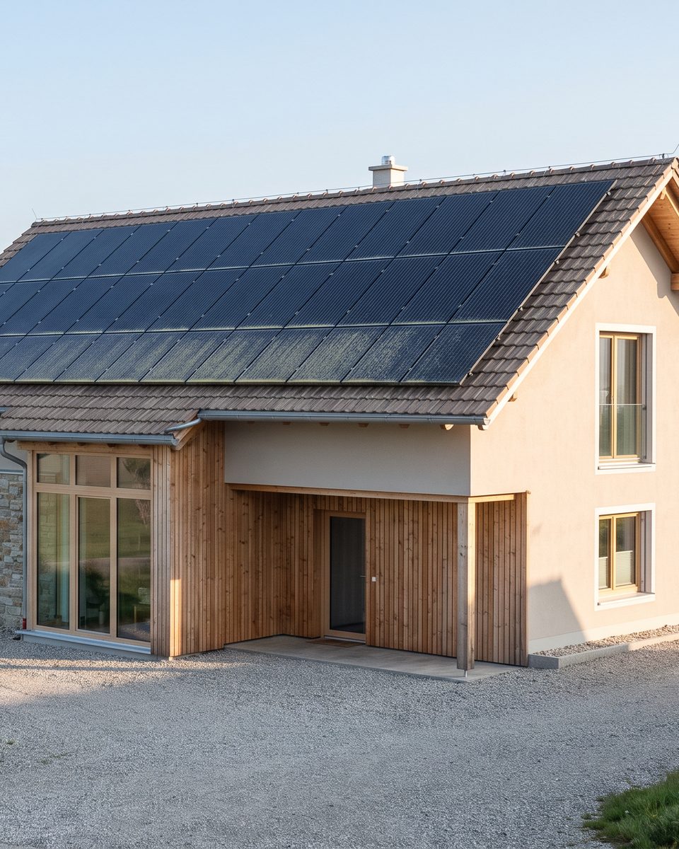 Photovoltaikanlage auf einem Einfamilienhaus in hügeliger Landschaft, leichter Staubfilm auf den unteren Modulen