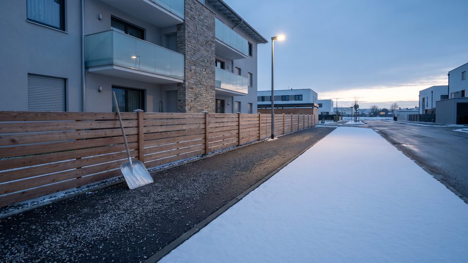 Gehsteig vor einem Wohnhaus am frühen Wintermorgen, zur Hälfte geräumt und gestreut