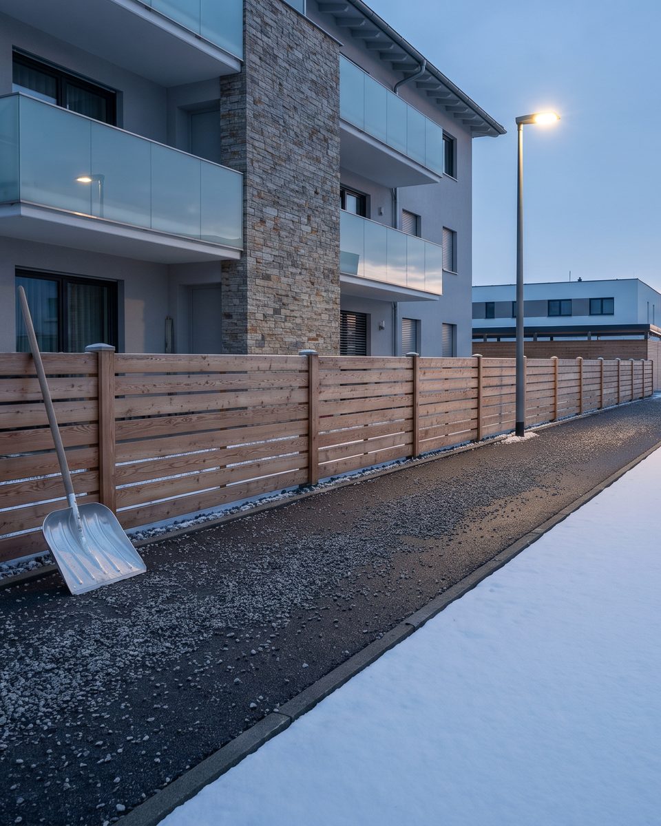 Gehsteig vor einem Wohnhaus am frühen Wintermorgen, zur Hälfte geräumt und gestreut