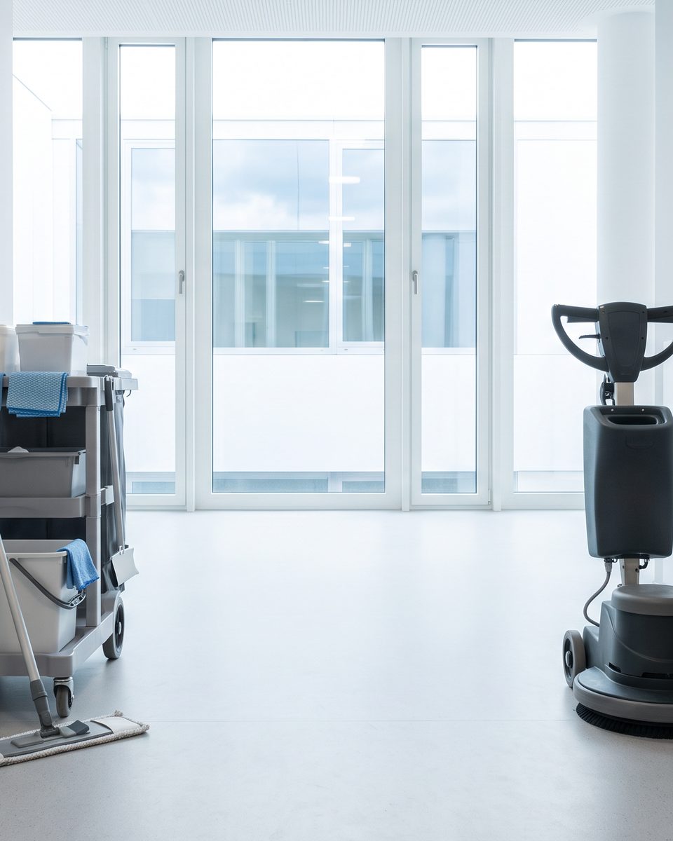 Bürogang mit Reinigungswagen links und Einscheibenmaschine rechts