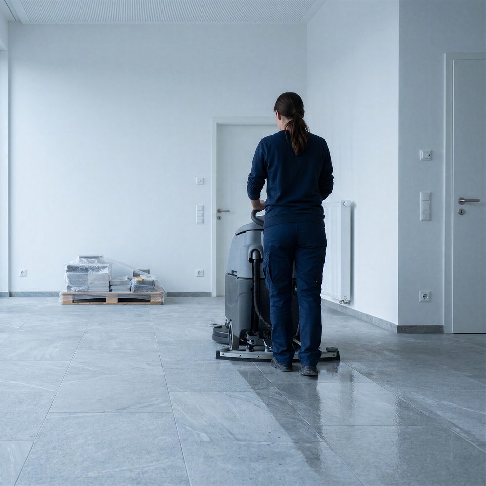 Großes Foyer kurz vor der Übergabe, eine Fachkraft reinigt mit einer Scheuersaugmaschine