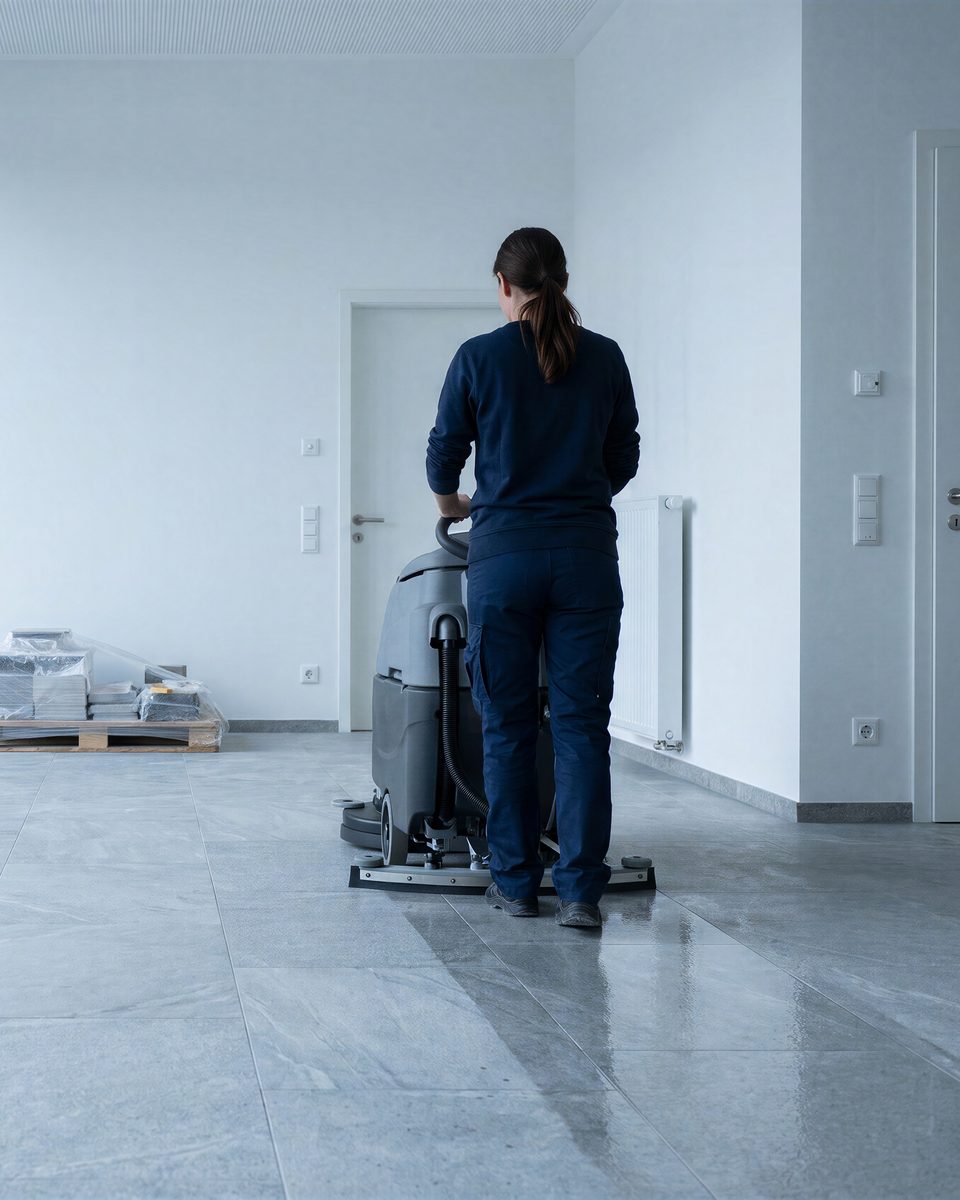 Großes Foyer kurz vor der Übergabe, eine Fachkraft reinigt mit einer Scheuersaugmaschine