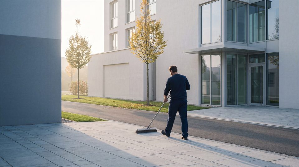 Gepflegter Vorplatz eines modernen Wohn- und Geschäftshauses am Herbstmorgen, eine Person kehrt den Gehsteig