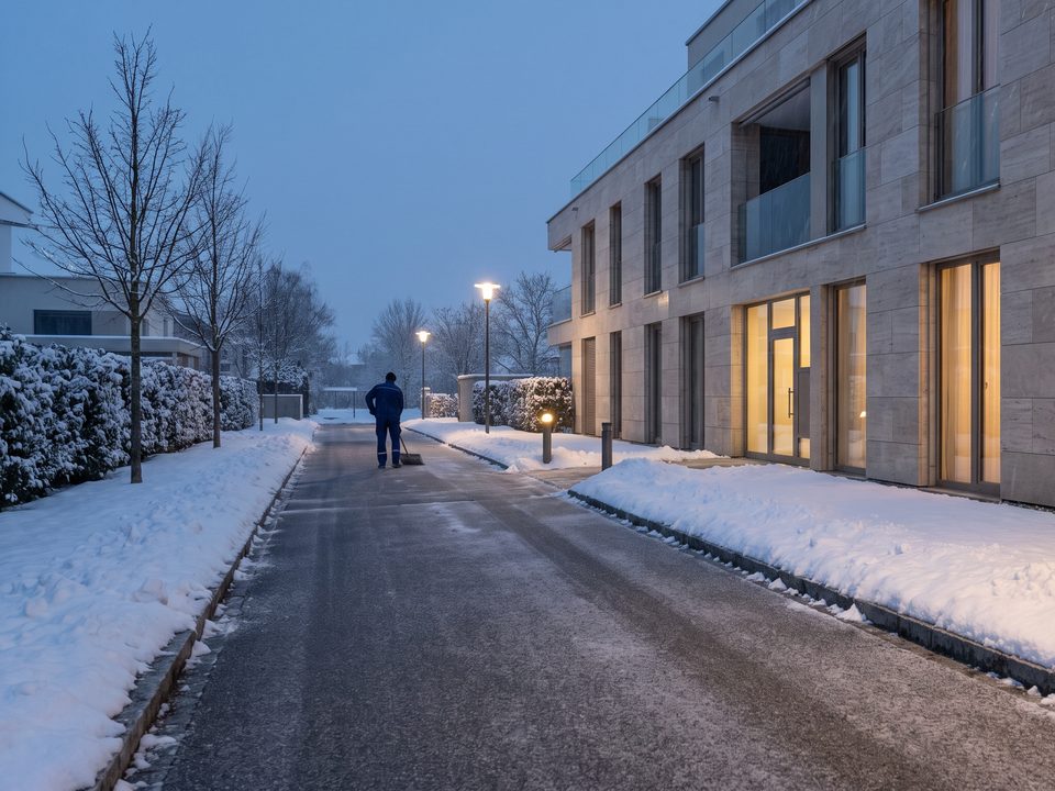 Geräumter Gehweg vor einem Wohnhaus zur blauen Stunde, in der Ferne wird Schnee geschaufelt