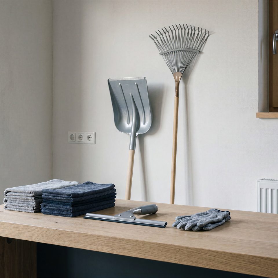 Stillleben mit Mikrofasertüchern, Fensterabzieher, Handschuhen, Schneeschaufel und Laubrechen