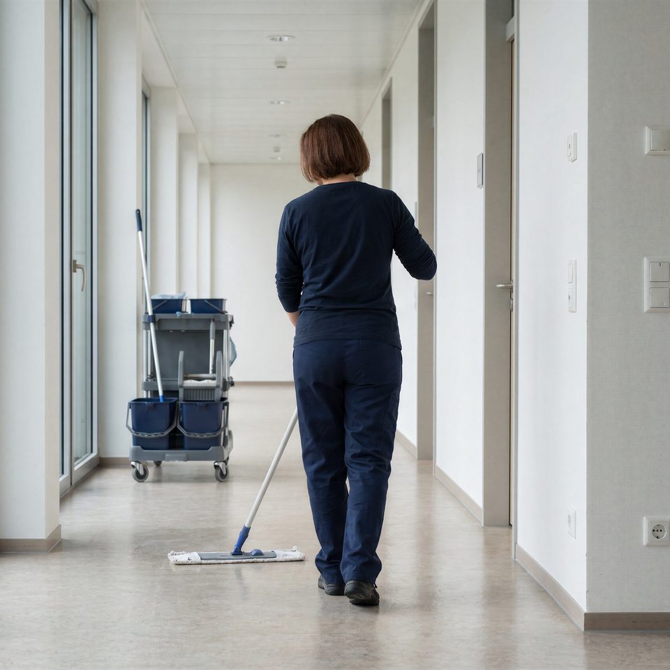Reinigungskraft wischt einen hellen Bürogang, daneben ein Reinigungswagen