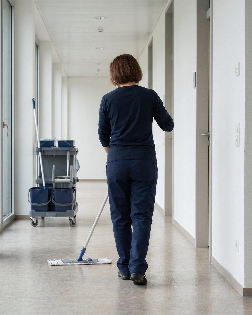 Reinigungskraft wischt einen hellen Bürogang, daneben ein Reinigungswagen