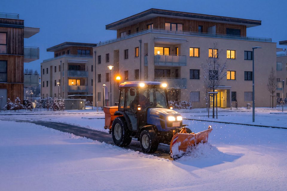Kompakttraktor mit Schneeschild räumt zur blauen Stunde die Zufahrt einer Wohnanlage