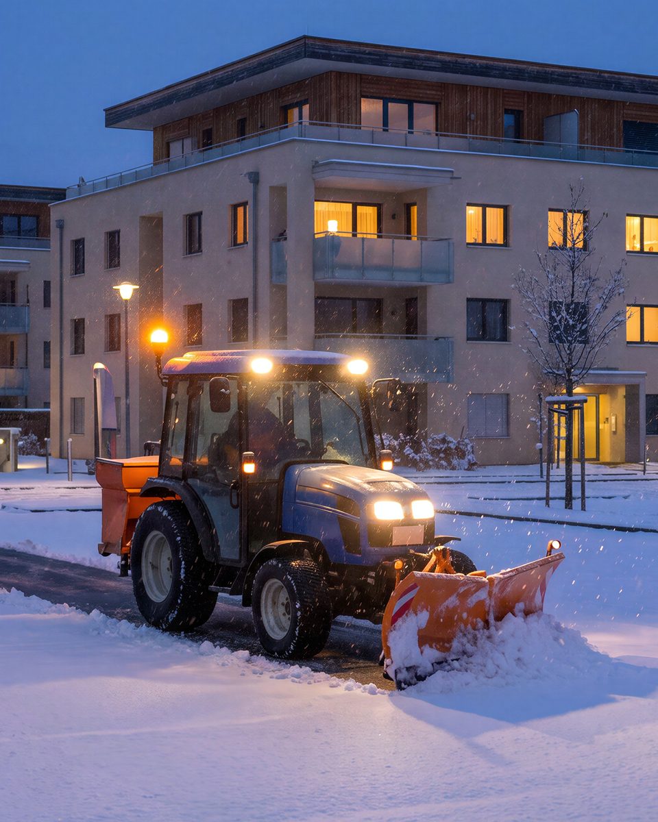Kompakttraktor mit Schneeschild räumt zur blauen Stunde die Zufahrt einer Wohnanlage