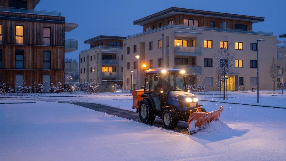 Kompakttraktor mit Schneeschild räumt zur blauen Stunde die Zufahrt einer Wohnanlage