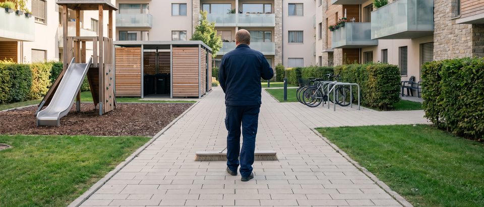 Innenhof einer Wohnanlage mit Spielplatz und Müllplatz, ein Hausbetreuer kehrt den Weg