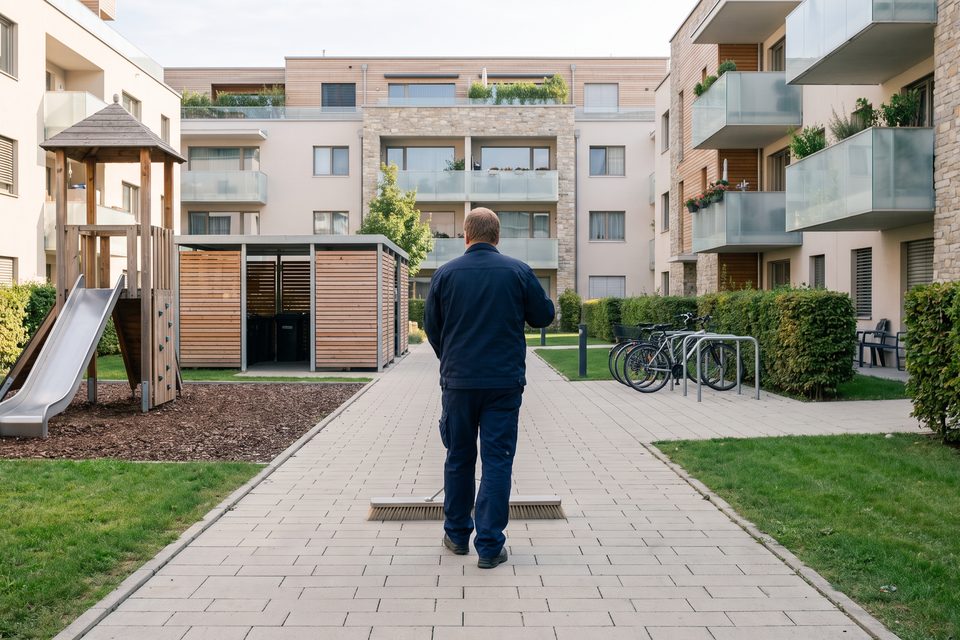 Innenhof einer Wohnanlage mit Spielplatz und Müllplatz, ein Hausbetreuer kehrt den Weg